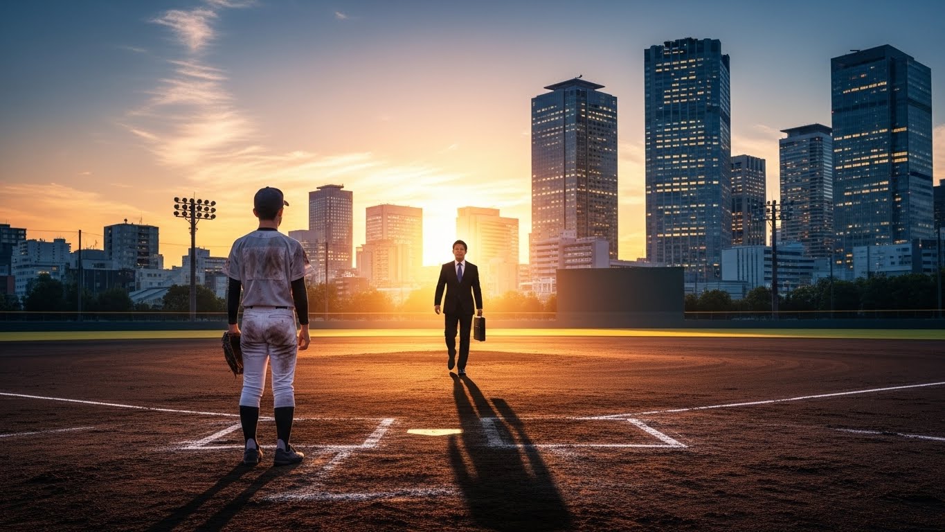 ユニフォーム姿の少年野球選手と、その影がビジネスマンになっているイメージ画像
