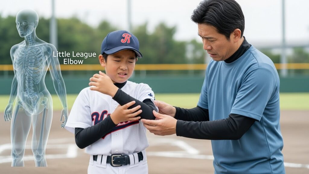 練習中に肘の違和感を訴える野球少年と、心配そうに患部を確認する父親(AI生成によるイメージ画像)