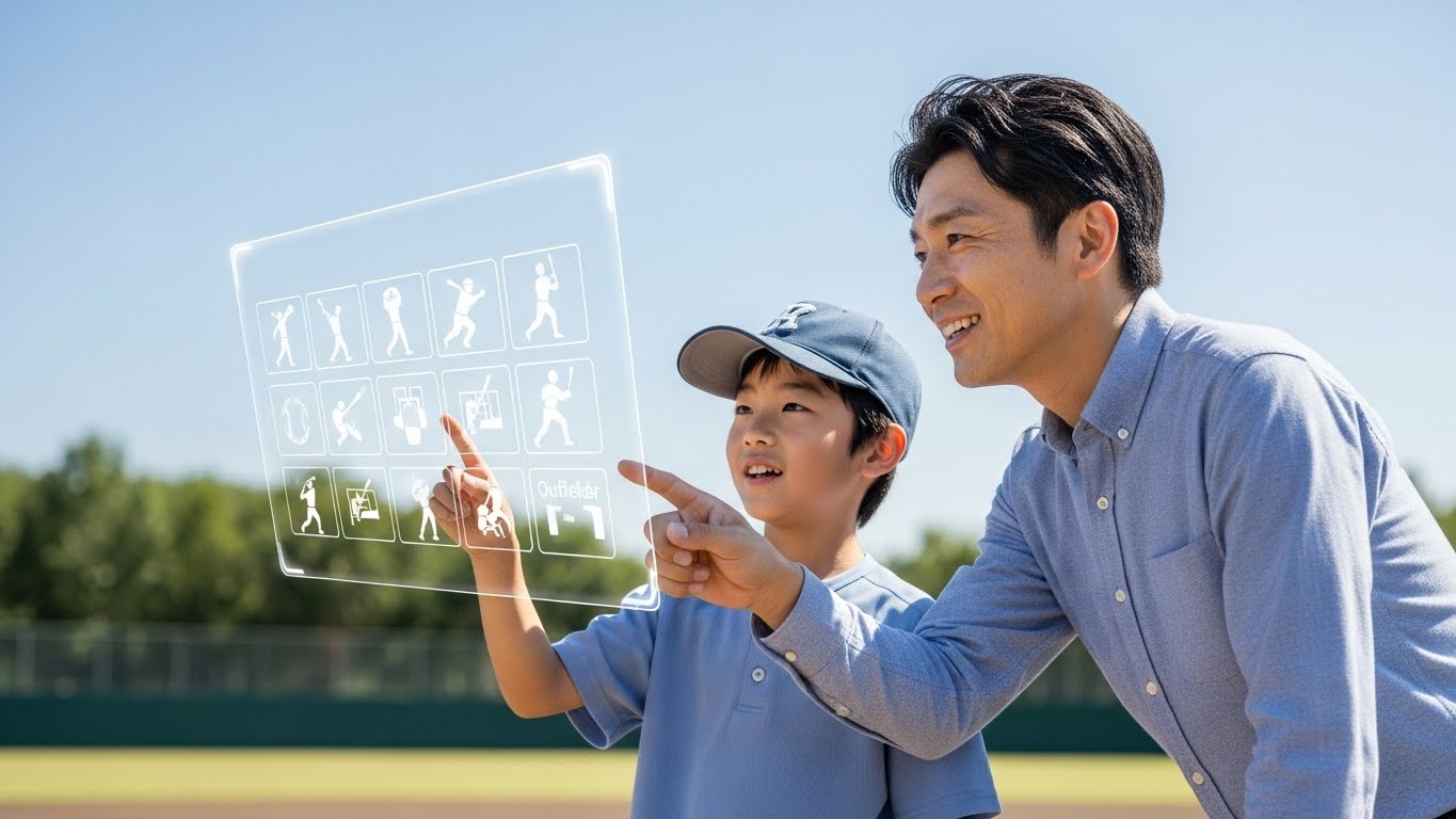 少年野球のグラウンドでポジション適性チャートを見て未来を語り合う日本人親子（AI生成によるイメージ画像）