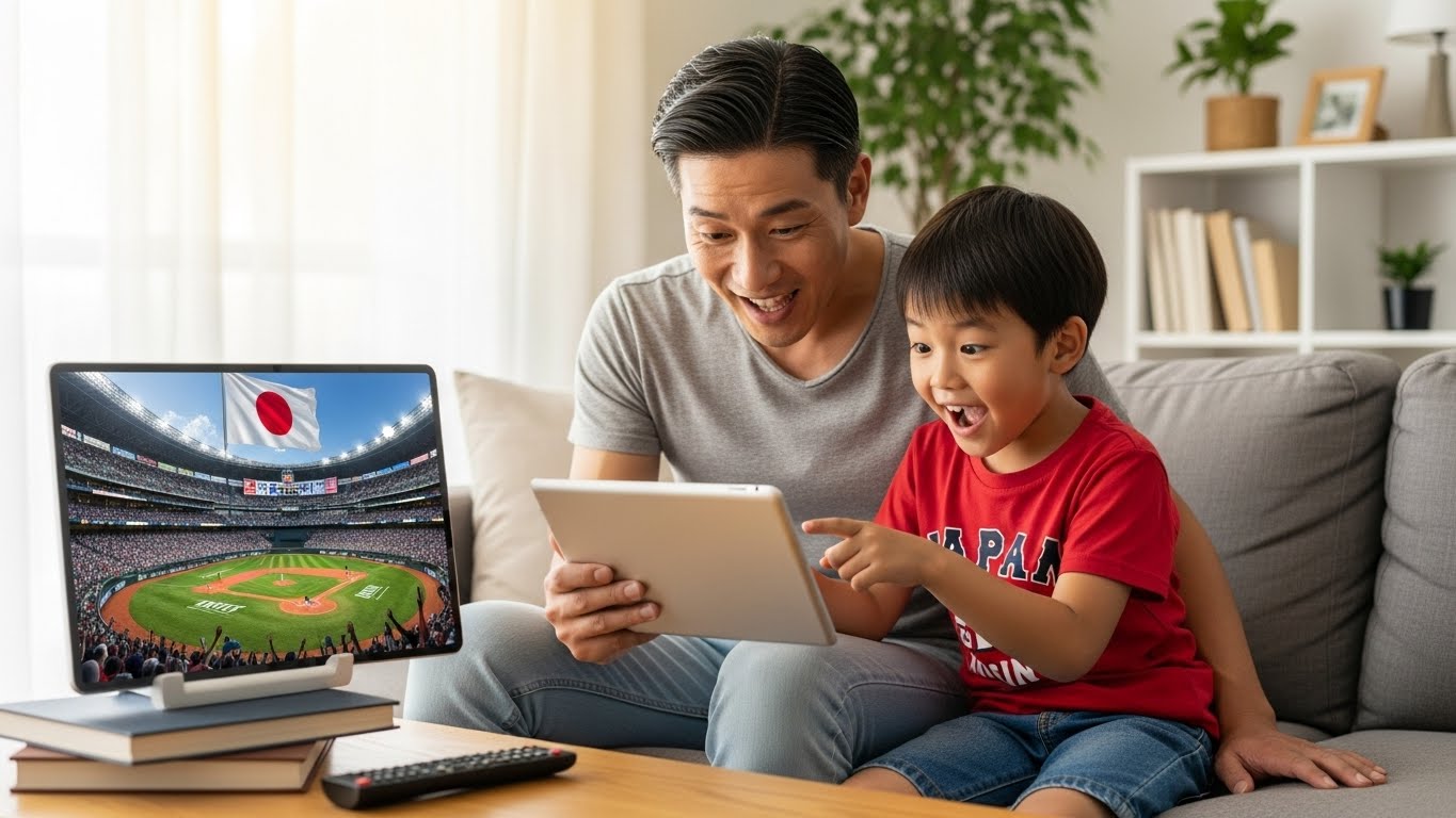 WBCのニュースをタブレットで見て盛り上がる日本の親子（AI生成によるイメージ画像）