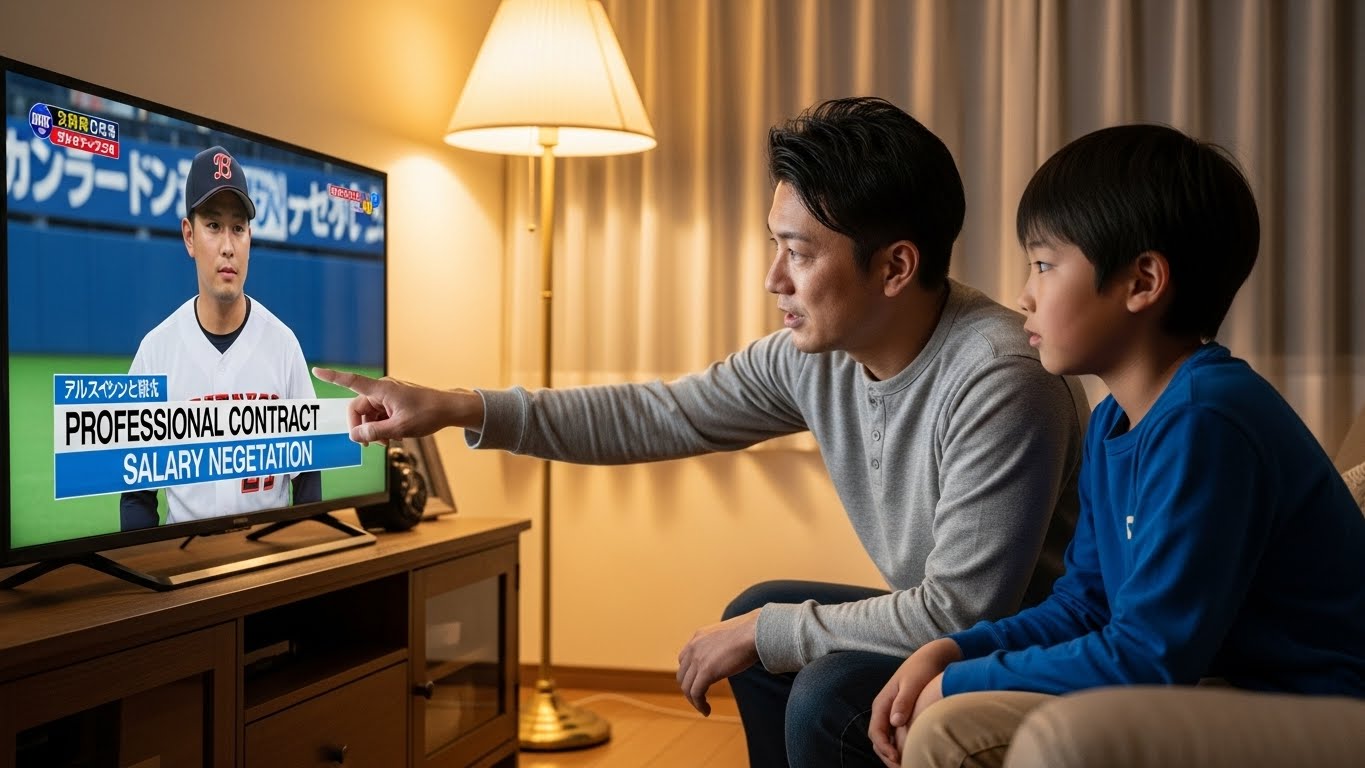 プロ野球の契約更改ニュースを親子で見ながら、選手評価について語り合うリビングの風景