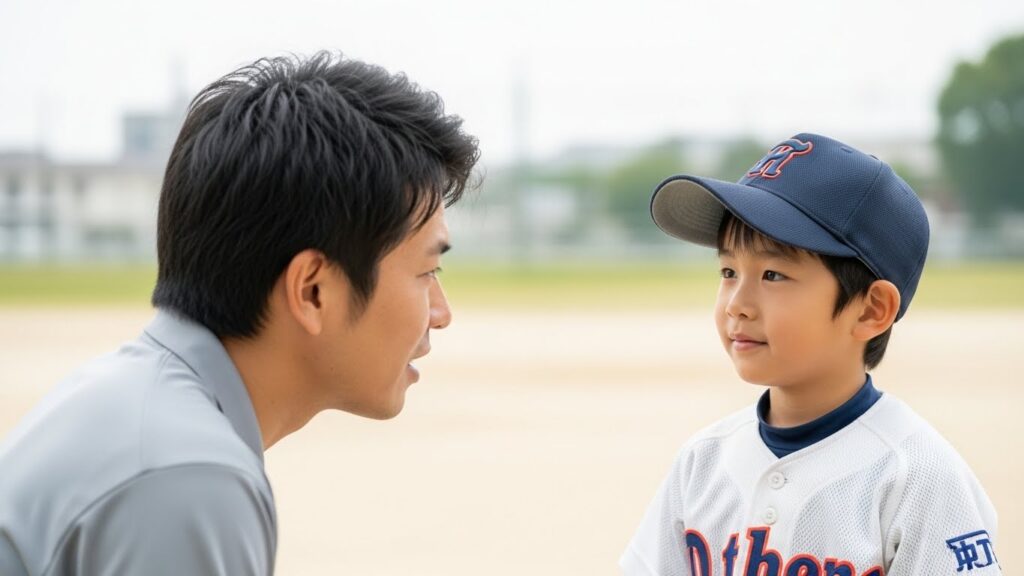 子供の目線に合わせて話を聞く父親