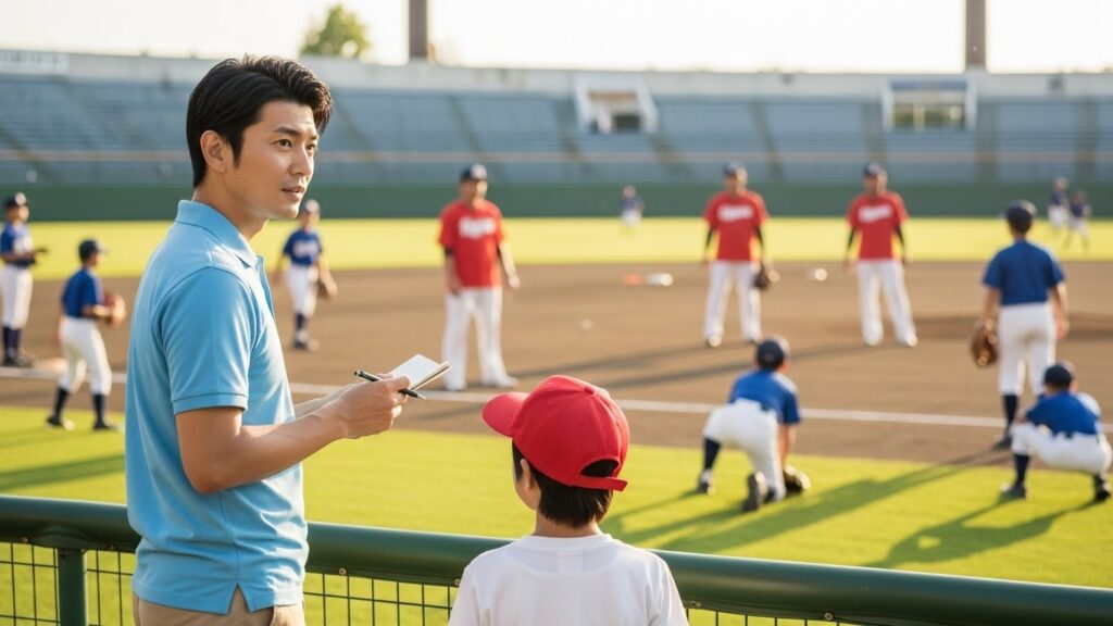 チーム見学でチェックリストを片手に、指導者の様子や環境を真剣に確認する父親