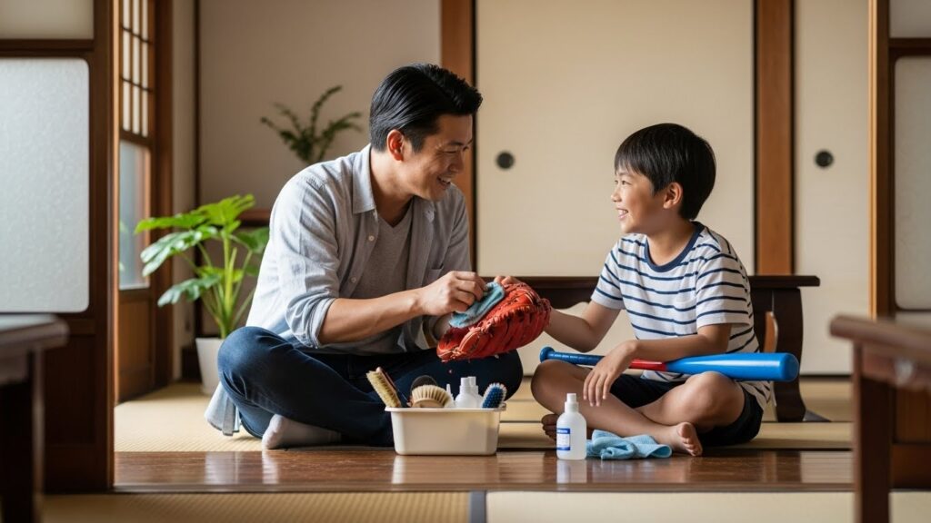 自宅で仲良く野球道具の手入れをする父と息子