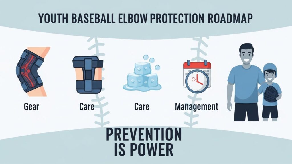 少年野球の肘を守るための予防ロードマップ(サポーター、ケア、マネジメント)のインフォグラフィック(AI生成によるイメージ画像)