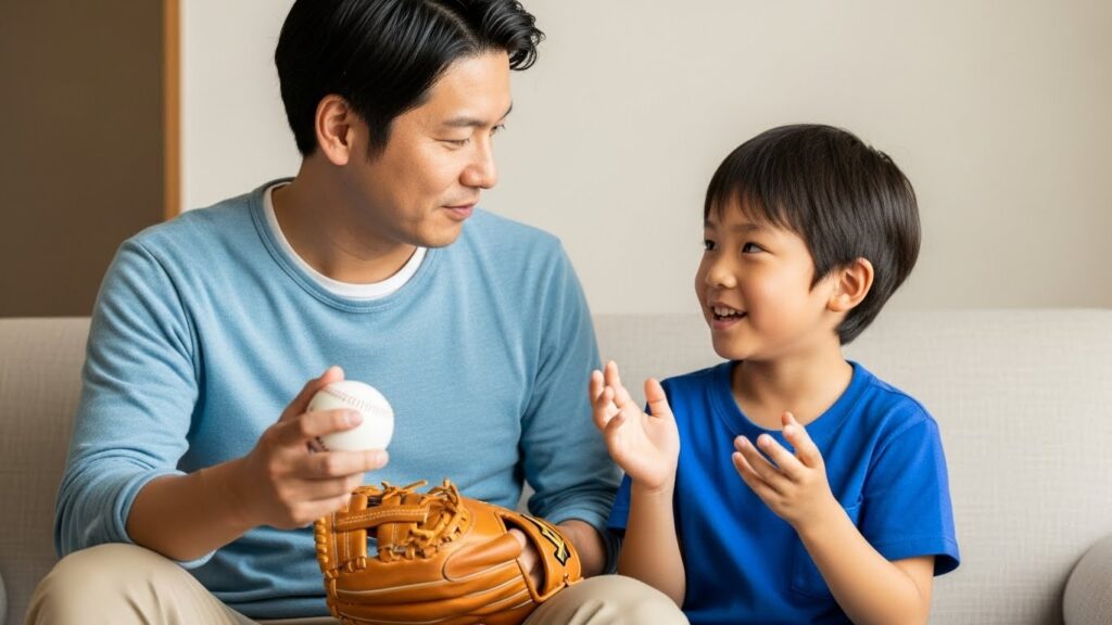 野球ボールを手に笑顔で会話する日本人の父親と息子(AI生成によるイメージ画像)
