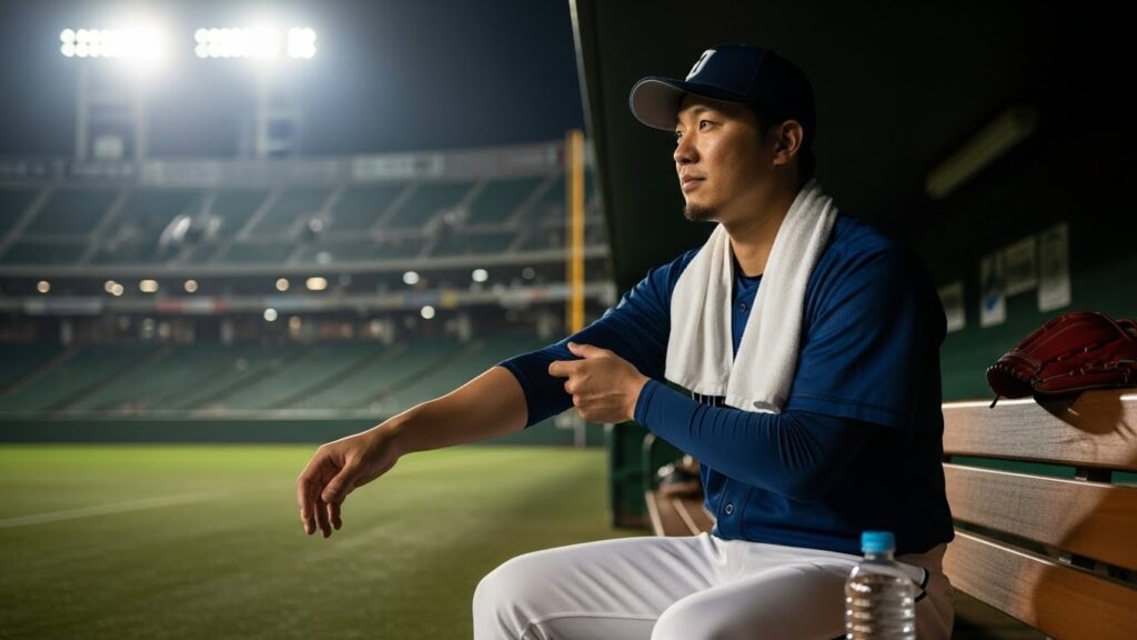 ドジャースのユニフォームを着て日の丸を背負う二人の選手(AI生成によるイメージ画像)