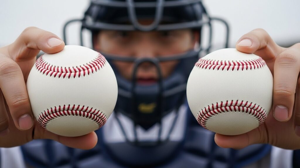 硬式球と軟式球の質感の違いと、キャッチャー防具のイメージ（AI生成によるイメージ画像）