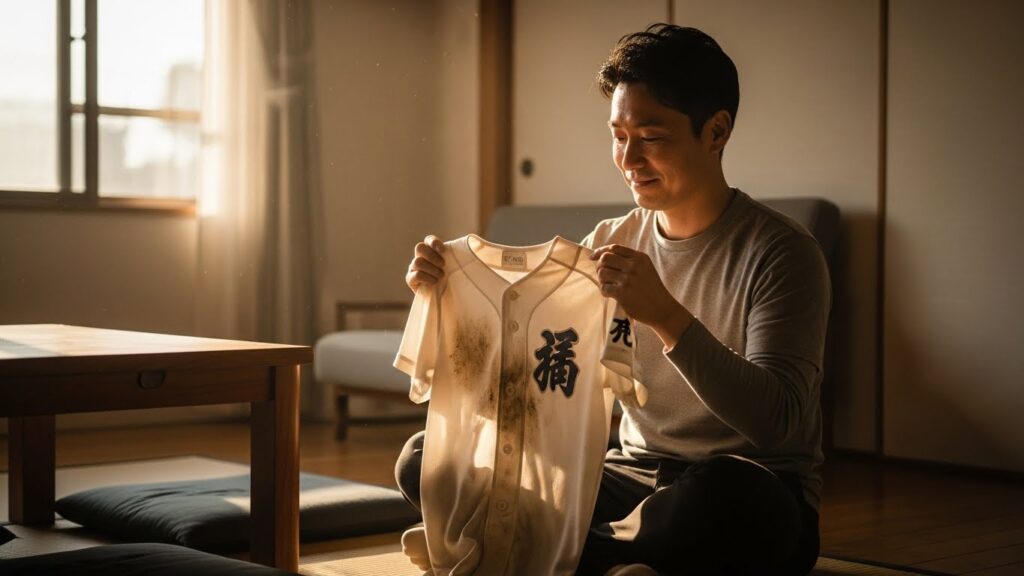 少し汚れたユニフォームを「頑張った証」として優しく見つめるパパ