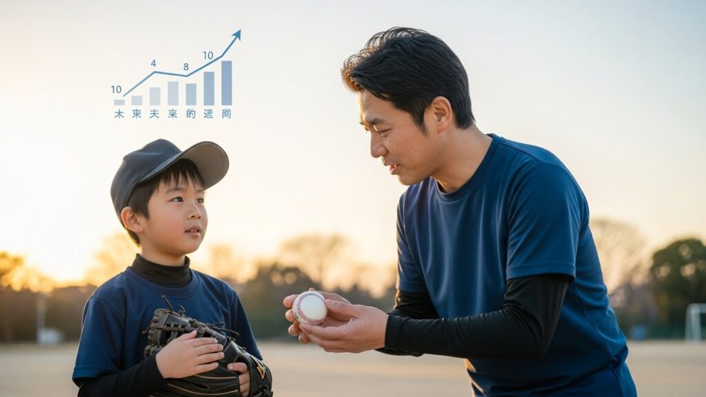 夕暮れの公園で語り合う野球少年の親子