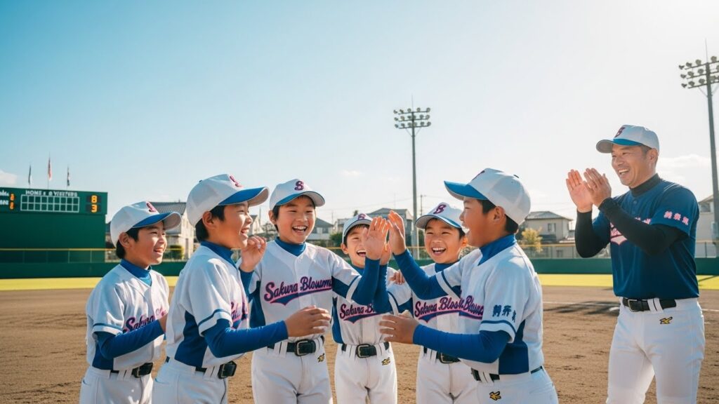 笑顔でハイタッチをする少年野球チームの子供たちと監督