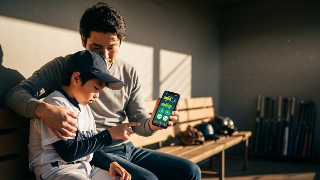 ミスした子供にゲームのHP回復に例えて励ます父親