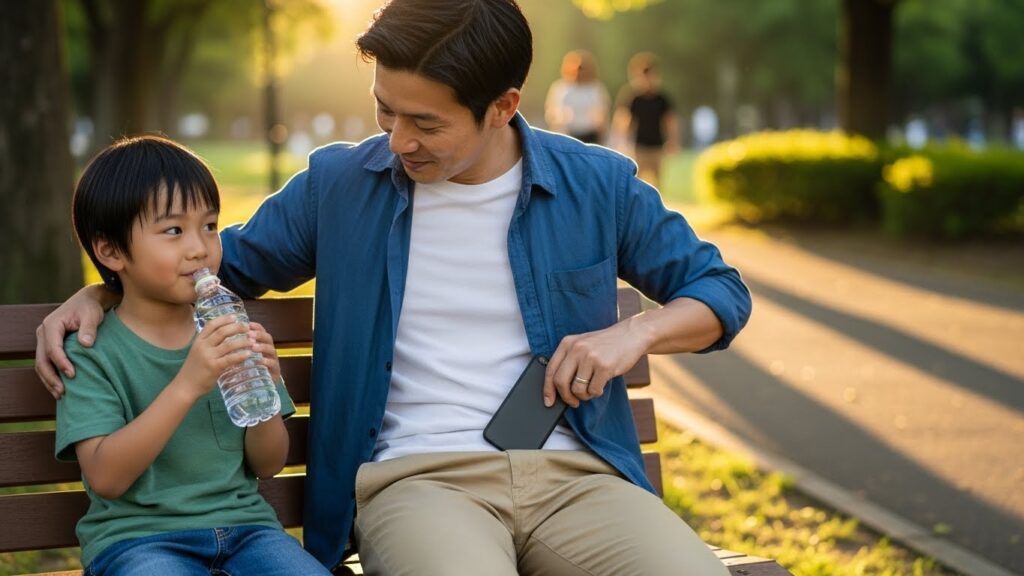 スマホをしまって目の前の息子との会話を楽しむ父親