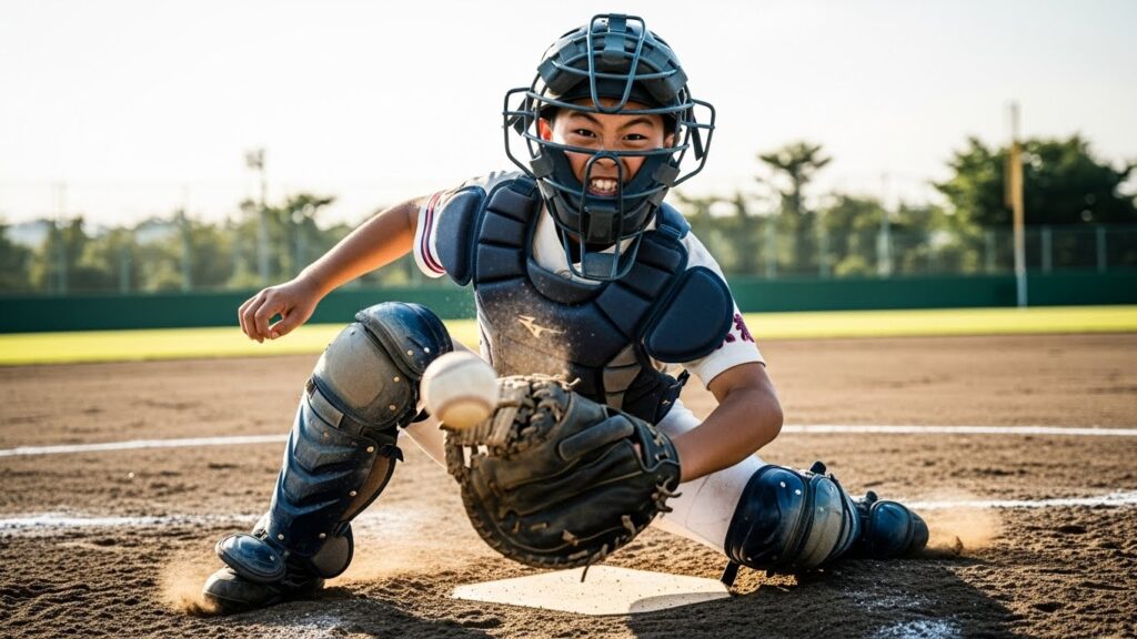 ショートバウンドを体で必死に止める（ブロッキングする）泥だらけの少年キャッチャー（AI生成によるイメージ画像）