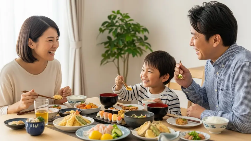 家族全員で笑顔で食卓を囲む温かい夕食の風景