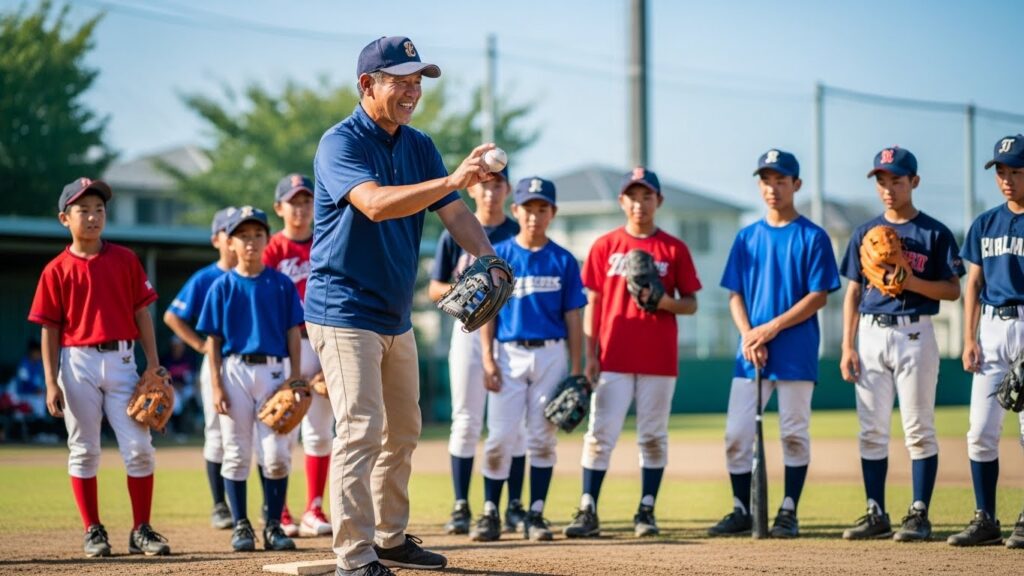 プロ野球OBによる中学野球クリニックの指導風景（AI生成によるイメージ）