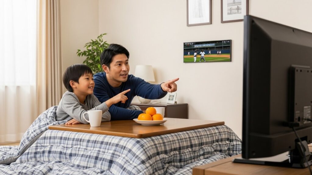 冬のコタツでリラックスしながら野球ゲームやテレビを楽しむ日本の親子