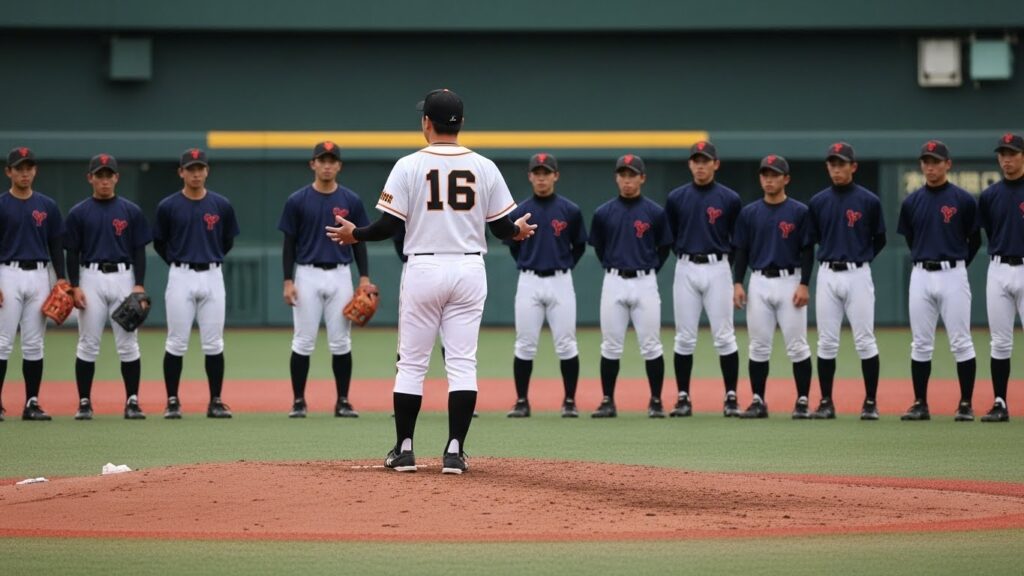 マウンドで中学生たちに熱心に語りかけるプロ野球投手の後ろ姿