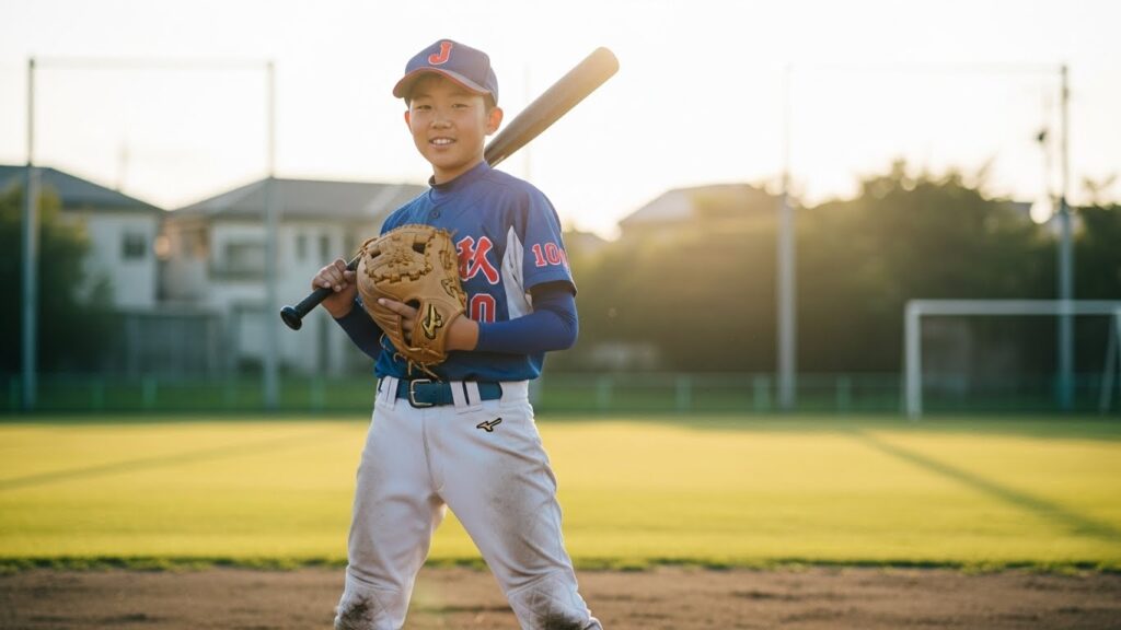 投手・捕手・打者の道具を持つ少年野球選手
