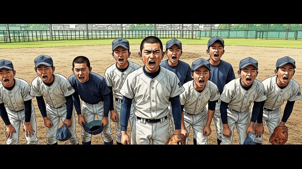 昭和の熱血野球漫画の世界観をイメージした、整列して叫ぶ野球少年たち