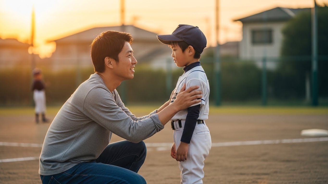 夕暮れのグラウンドで、落ち込む野球少年の息子に優しく語りかける日本人の父親