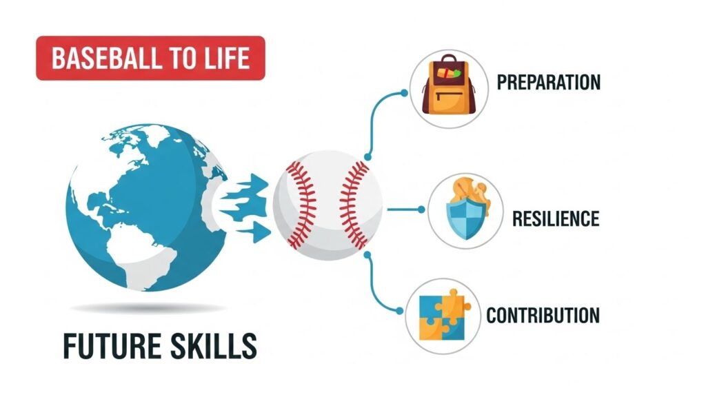 野球で身につく3つの社会的スキル(準備力、胆力、貢献心)を示す図解