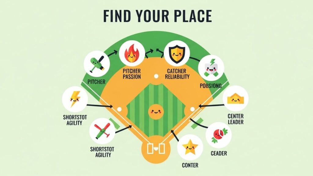 少年野球ポジション別性格タイプ診断マップのインフォグラフィック(AI生成によるイメージ画像)