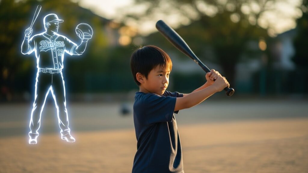 夕暮れの公園で、プロ野球選手をイメージしながら黙々と自主練習に励む少年