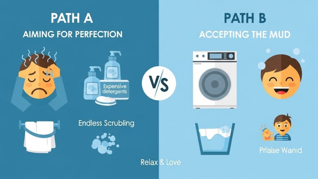 「完璧な洗濯」と「諦める洗濯」の比較インフォグラフィック