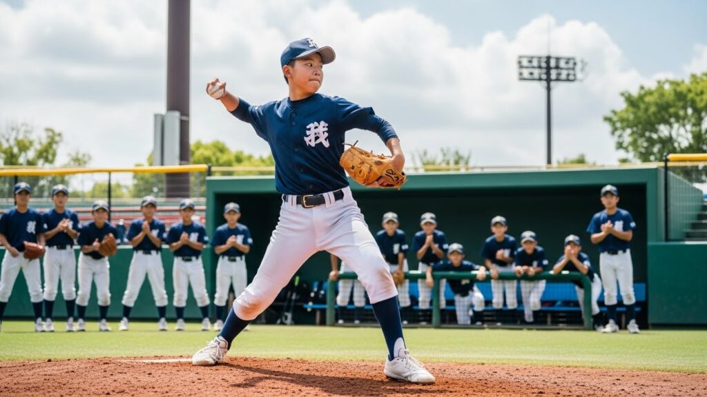 自宅の庭で父親がスマートホンで撮影しながらピッチング練習をする野球少年