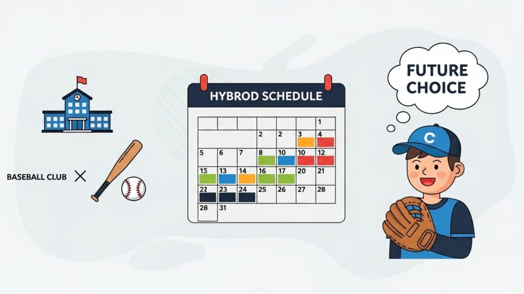 部活動と地域クラブのハイブリッド活動を示すインフォグラフィック