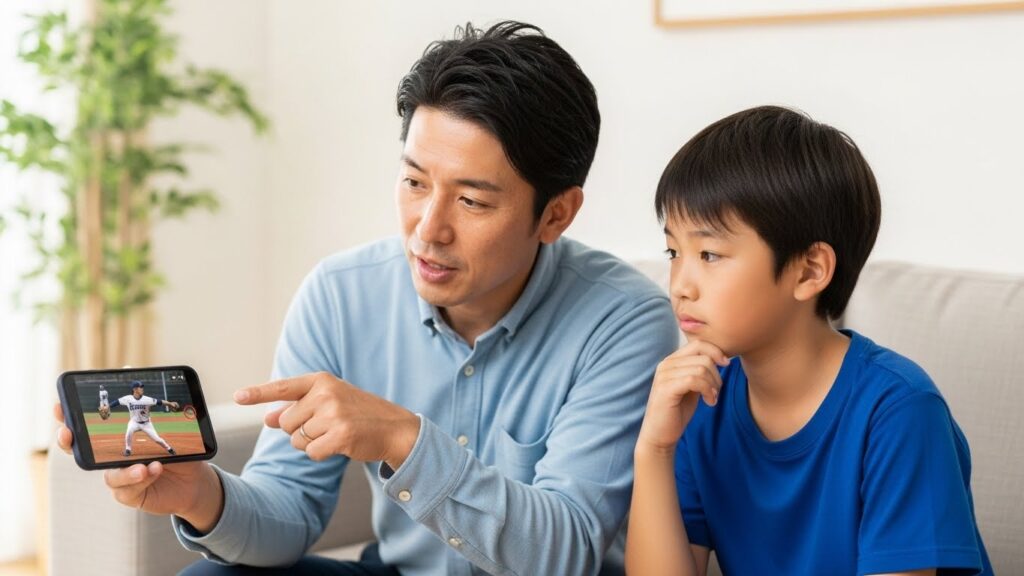 スマホで投球フォームの動画を見比べながら分析し合う日本人の親子