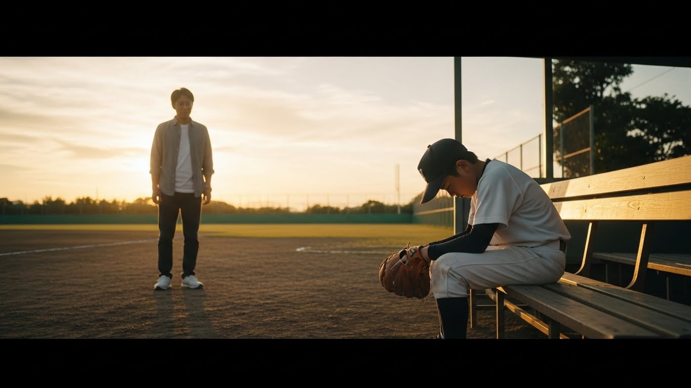 夕暮れの野球グラウンドで、ベンチに座り込む息子を心配そうに見守る父親