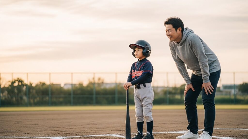 考え込む少年野球の息子を優しく見守る父親