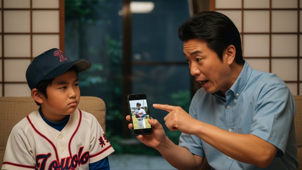 スマホの動画を見せながら子供に無理やり野球指導をして、困惑されている父親
