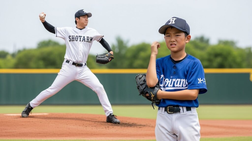 肘を押さえて痛がる少年野球の投手と、背景に浮かぶプロ野球選手の理想的な投球フォームのイメージ