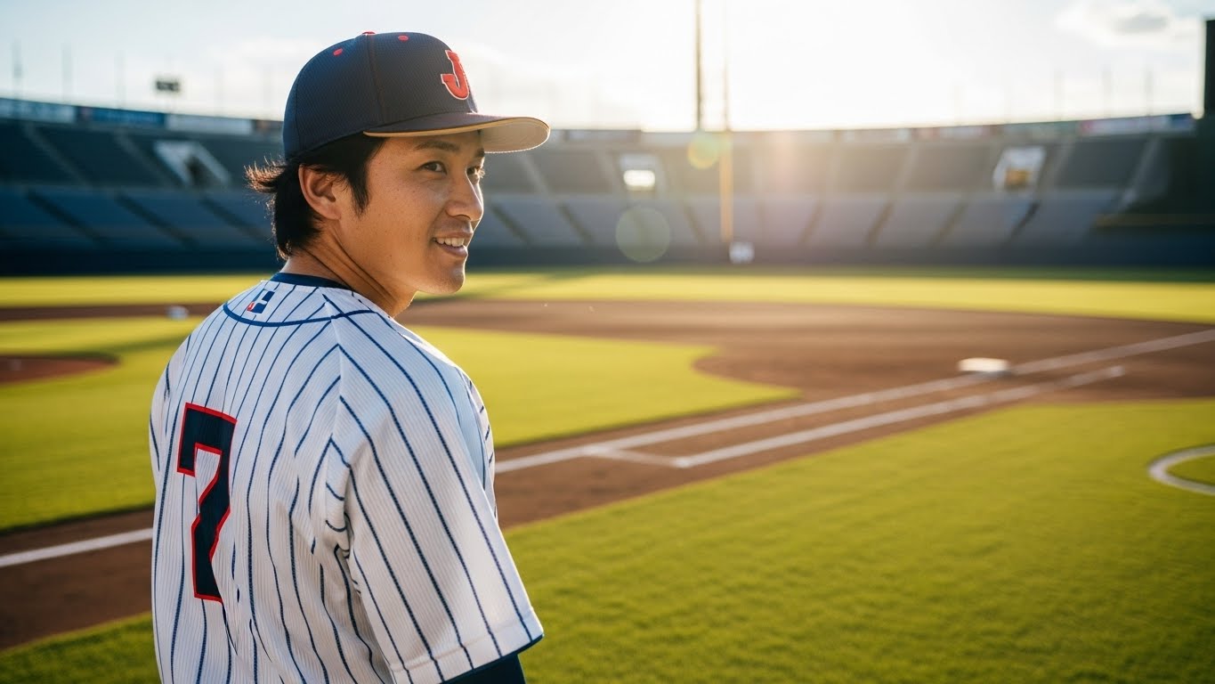 日本ハムのユニフォームを想起させる青と白のウェアを着て、希望に満ちた表情でグラウンドに立つ野球選手