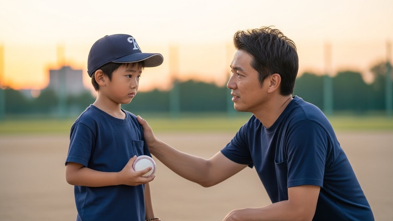 夕暮れのグラウンドで視線を合わせて語り合う日本の父と野球少年の息子