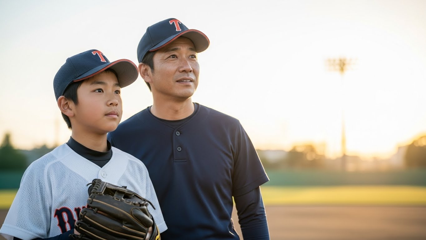中学野球の地域移行について考える父親とユニフォーム姿の息子