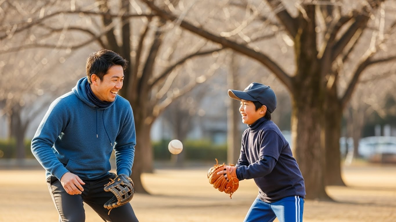 冬の公園で笑顔で追いかけっこをして遊ぶ日本の親子