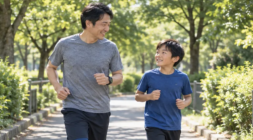 近所の公園で、父親と少年野球の息子が会話しながらゆっくり走る姿（生成AIによるイメージ）