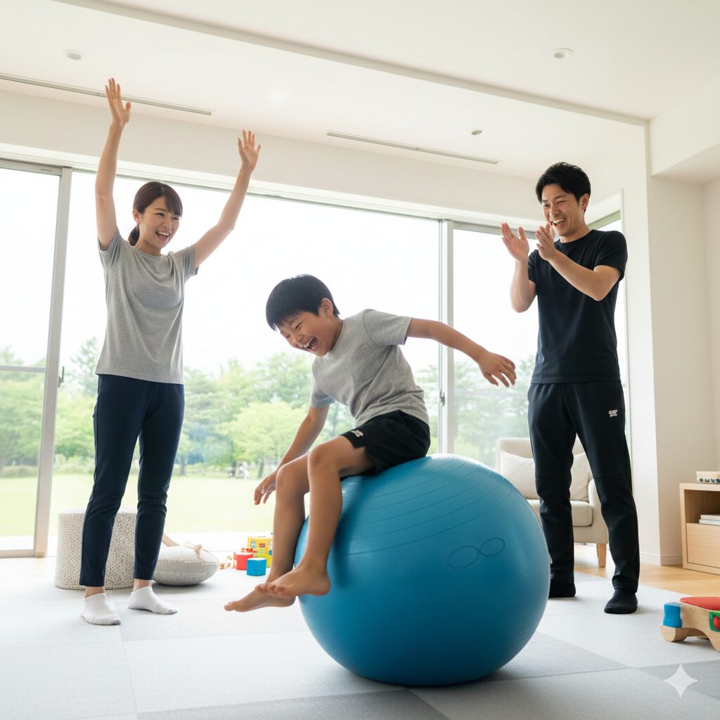 バットを持たずにバランスボールに乗って体幹を鍛える少年野球選手