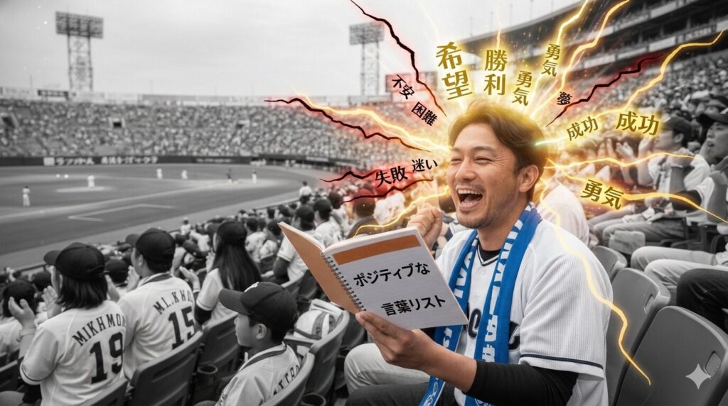 ネガティブ言葉をポジティブに変換して応援する野球パパ(生成AIによるイメージ)