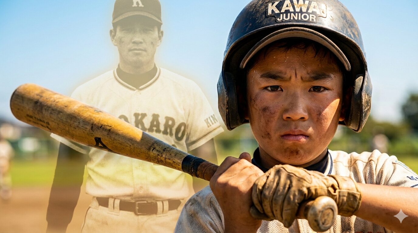 代替テキスト バントの構えをする少年野球選手と背後に浮かぶ川相昌弘氏のイメージ(生成AIによるイメージ)