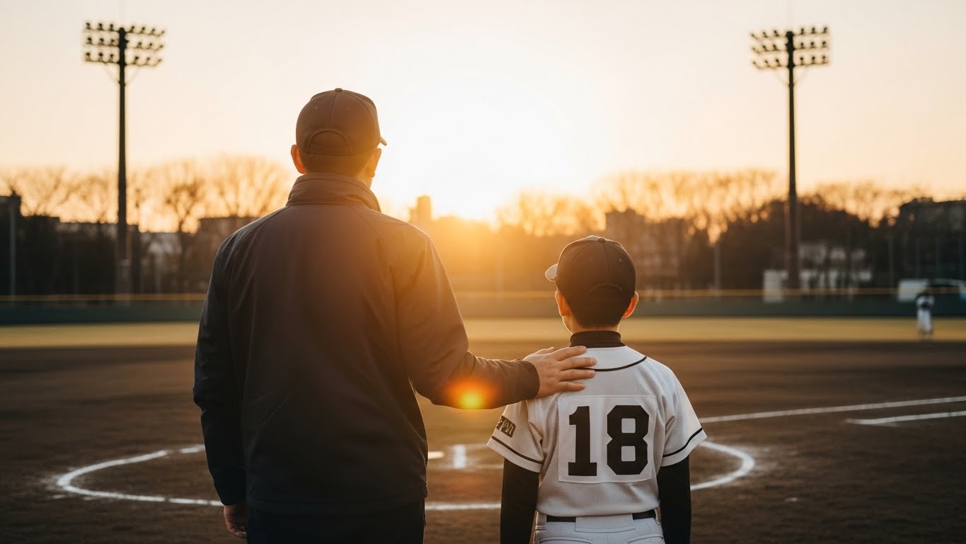 2026年の初日の出を見つめる少年野球の親子