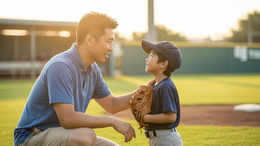 子供と同じ目線の高さ(犬小屋前)で優しく語りかける父親