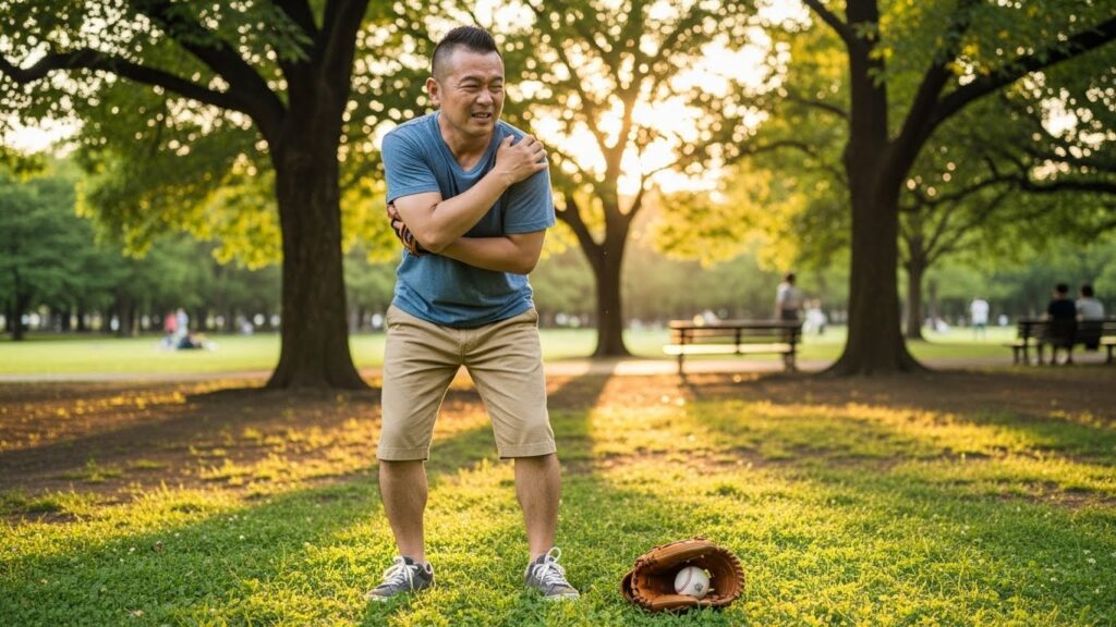 キャッチボールの後に肩の痛みを感じている運動不足の父親