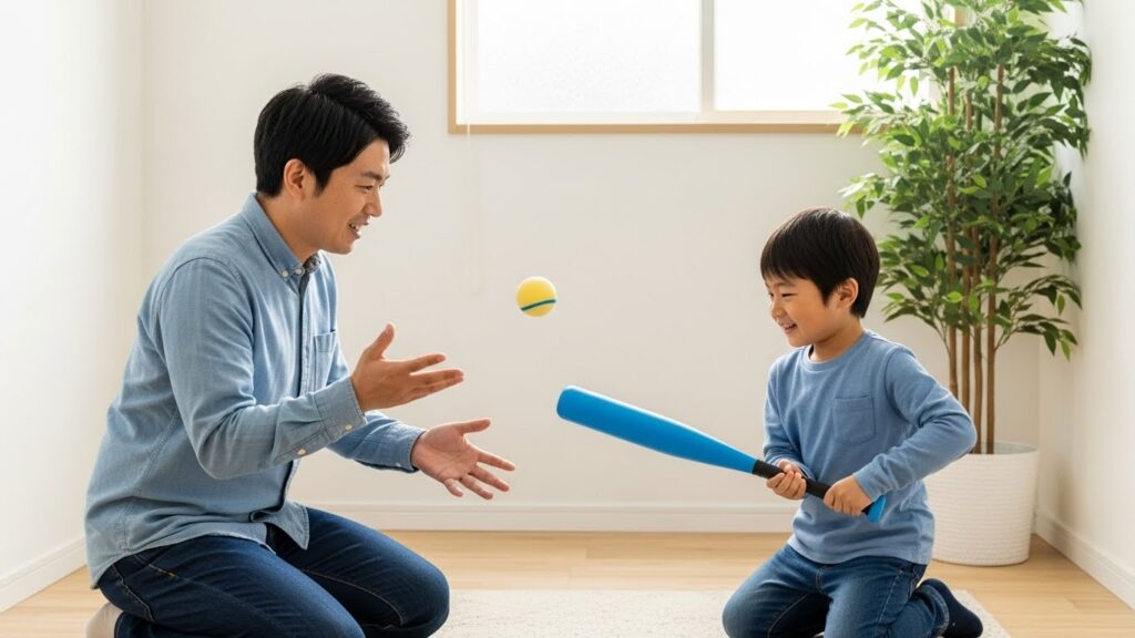 代替テキスト 自宅の狭いスペースでスポンジボールを使ってバント練習をする親子(生成AIによるイメージ)