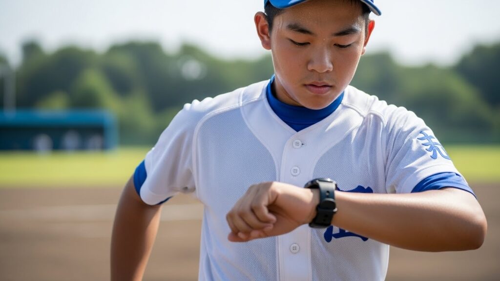 心拍数を確認しながらランニングする少年野球選手(生成AIによるイメージ)