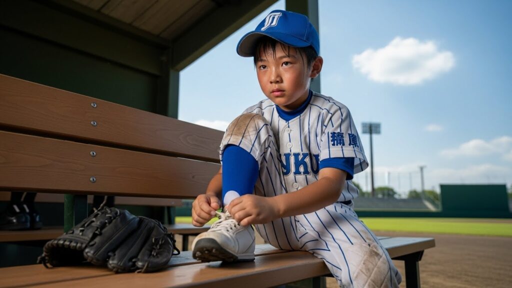 自分で靴紐を結び直す野球少年(生成AIによるイメージ)